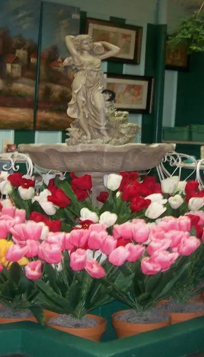 Tulips surrounding a water fountain in the Atrium Cafe.