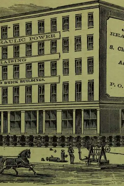 An illustration from the 1800s of a building being lifted on hydraulic jacks in Chicago. Public domain image from Wikimedia Commons: https://commons.wikimedia.org/wiki/File:Illinois_state_business_directory_-_1860_(1860)_(14761103841).jpg