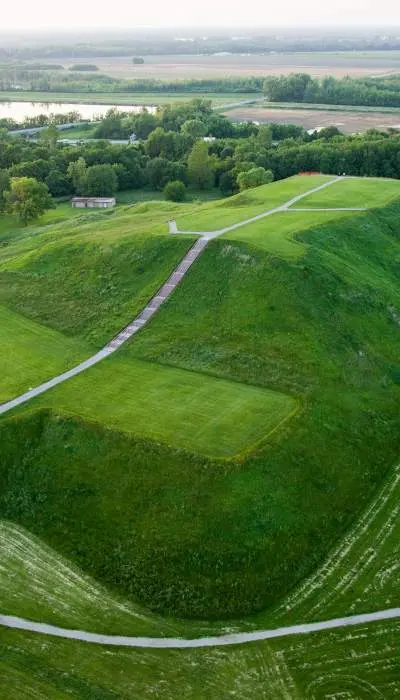 An aerial view of green hills at Cahokia Mounds