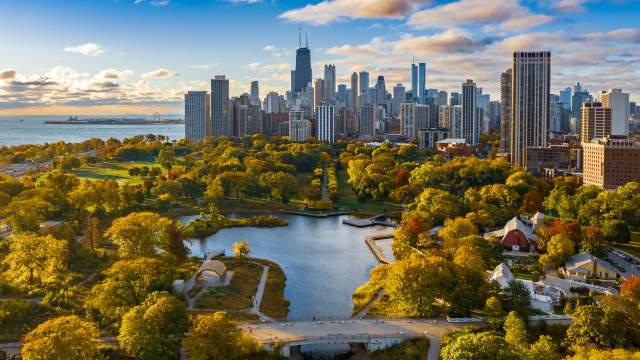 The Chicago skyline and Lincoln park at sunrise