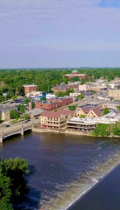 Overhead shot of downtown Geneva.